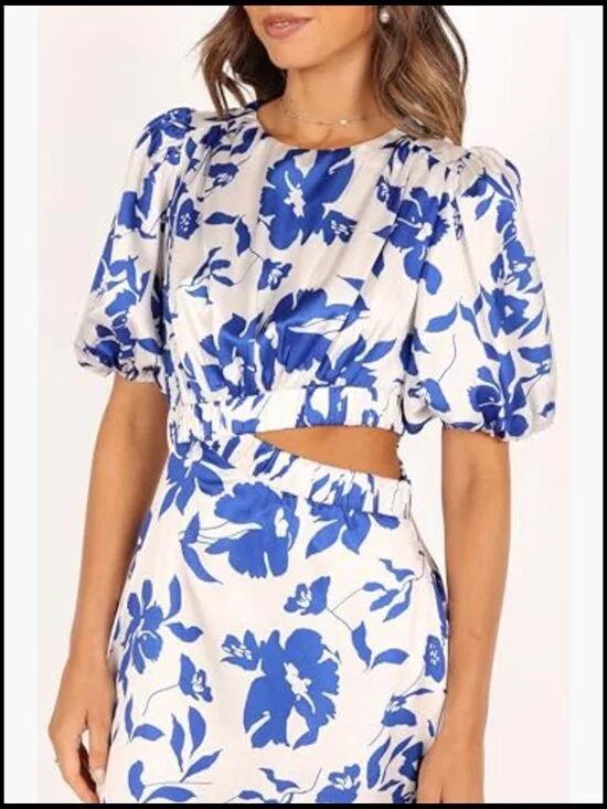 Maxi Dress with Puff Sleeves, Elastic Waist, Side Cutouts, Pockets - Picture 3 of 7